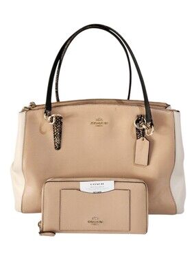 COACH Colorblock Leather Tote & Matching Wallet Set - Nude/Beige/Cream